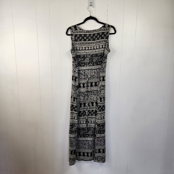 Vintage 90s Black Aztec Print Summer Midi Dress 1990s Sheath Sundress Beach Boho - Picture 2 of 11